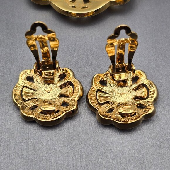 VTG Gold-Tone Floral Brooch & Clip-On Earrings Set w/ Clear Rhinestones Lot of 2 - Picture 4 of 8
